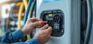 Närbild av en elektriker som utför en elkontroll av en laddstation, vilket belyser vikten av underhåll och säkerhet.