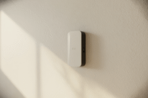 En minimalistisk bild av en modern laddbox monterad på en ljus vägg.